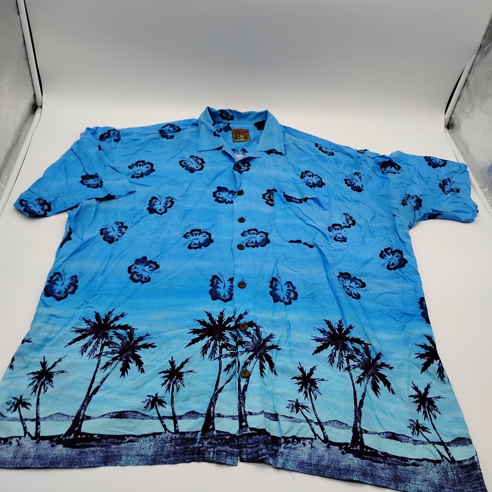 Pineapple Connection Mens 2XT Blue Rayon Hawaiian Shirt Palm Trees Hibiscus